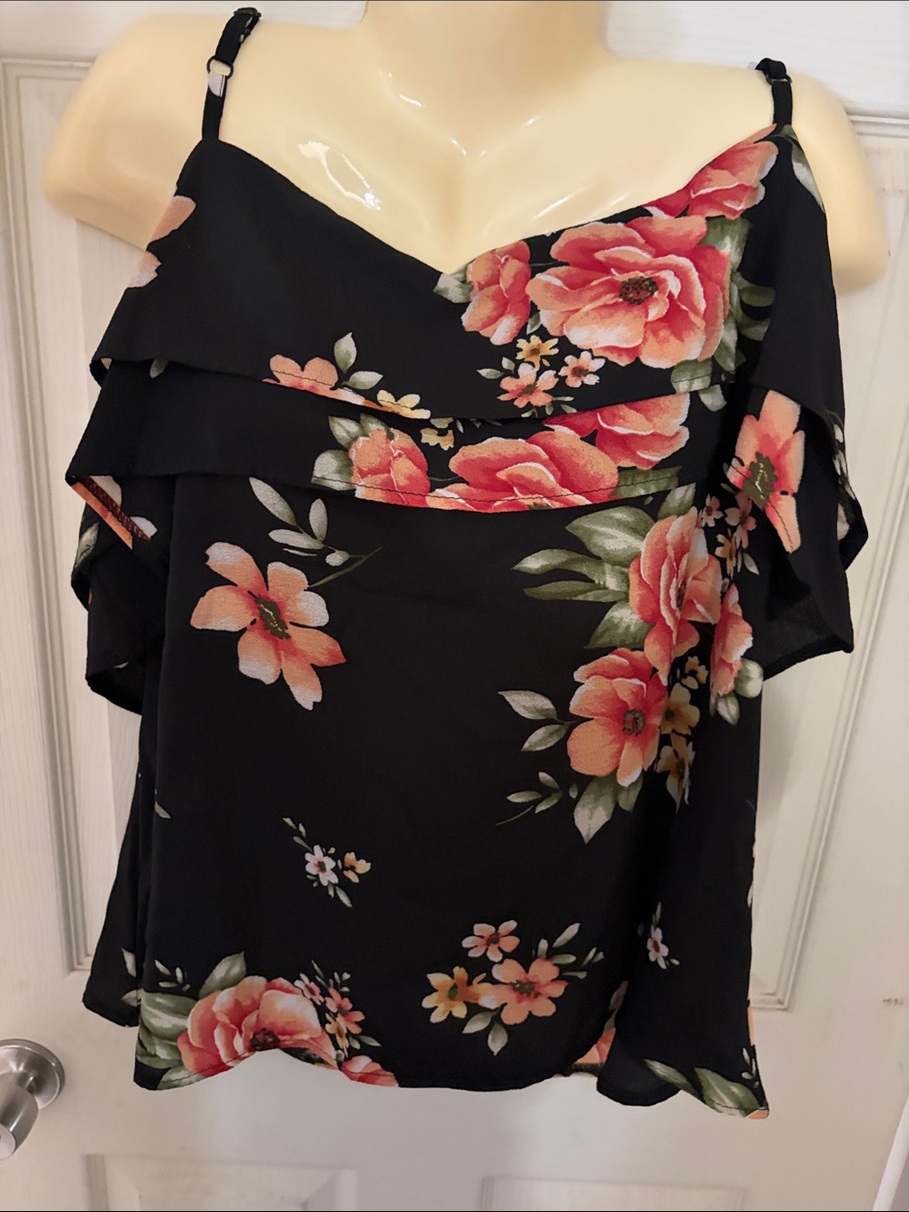 Black Floral Cold-Shoulder Ruffle Top - Unbranded